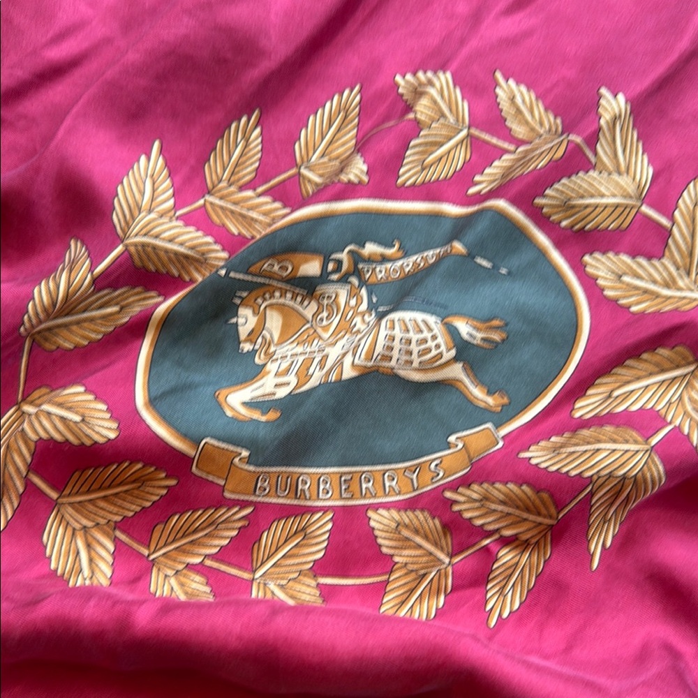 Burberrys Red Scarf with Gold and Green Design